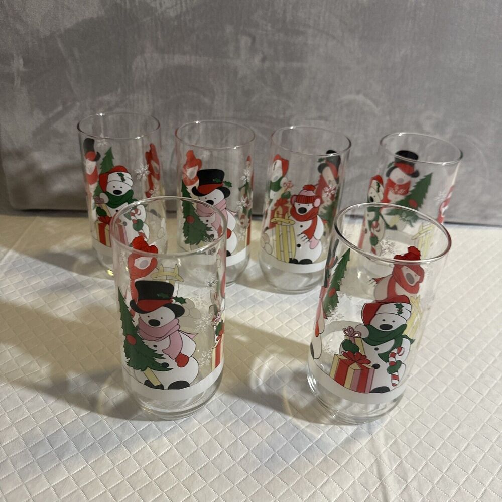 6 x Vintage LUMINARC Christmas Polar Bear Drinking Glasses Tumblers